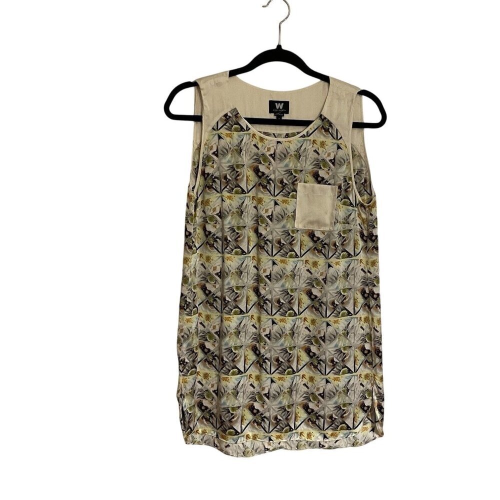 W By Worth Wmn 4 Ivory Multicolor Floral 100% Silk Tunic Length Sleeveless Top